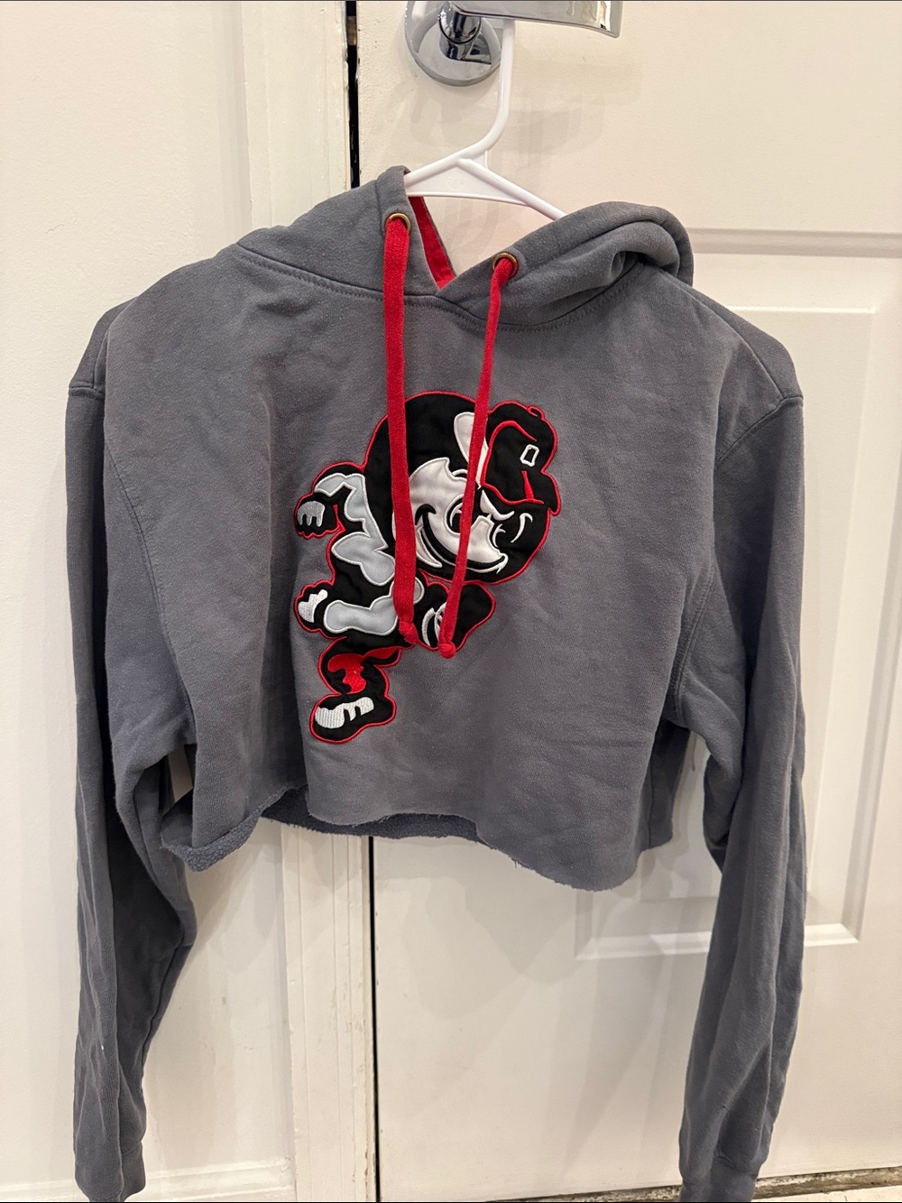 Gray Cropped Hoodie with Red Drawstrings and OSU Brutus Patch. Size Small